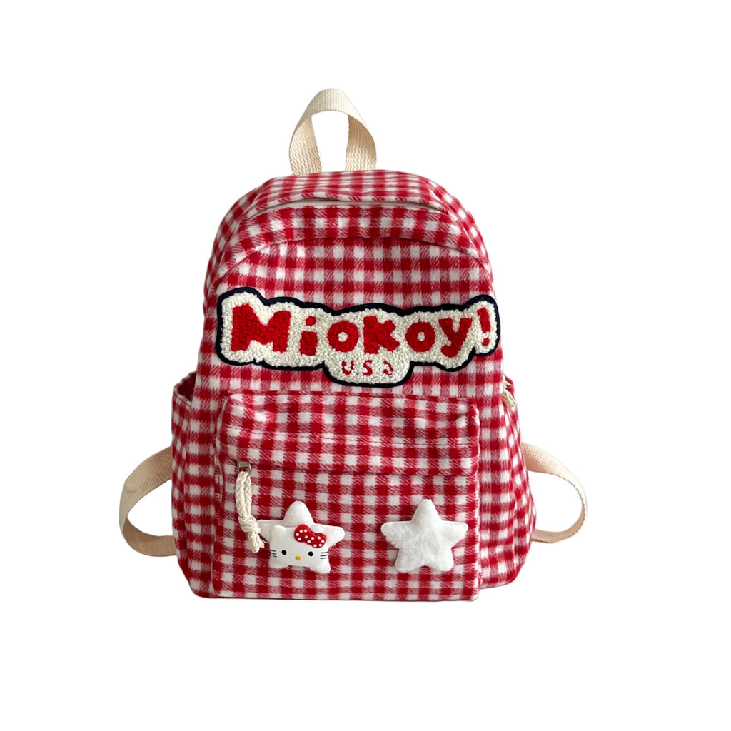 School Backpack Red Plaid Nylon Lightweight Casual Daypack