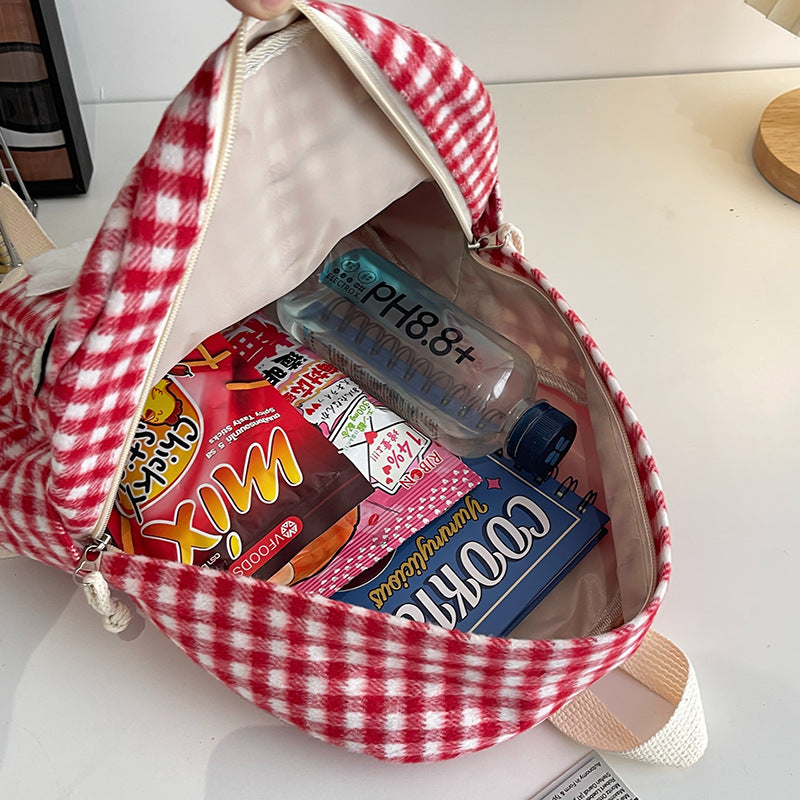 School Backpack Red Plaid Nylon Lightweight Casual Daypack